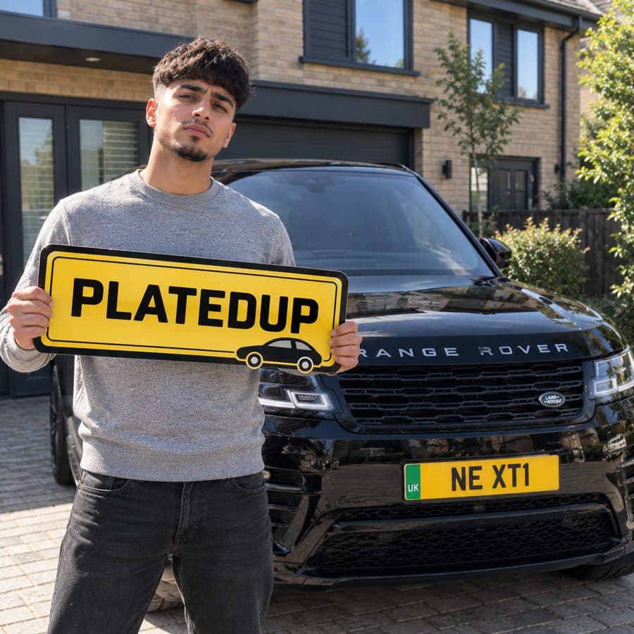 Man holding a PlatedUp sign in front of a black Range Rover with a Green Strip UK show plate